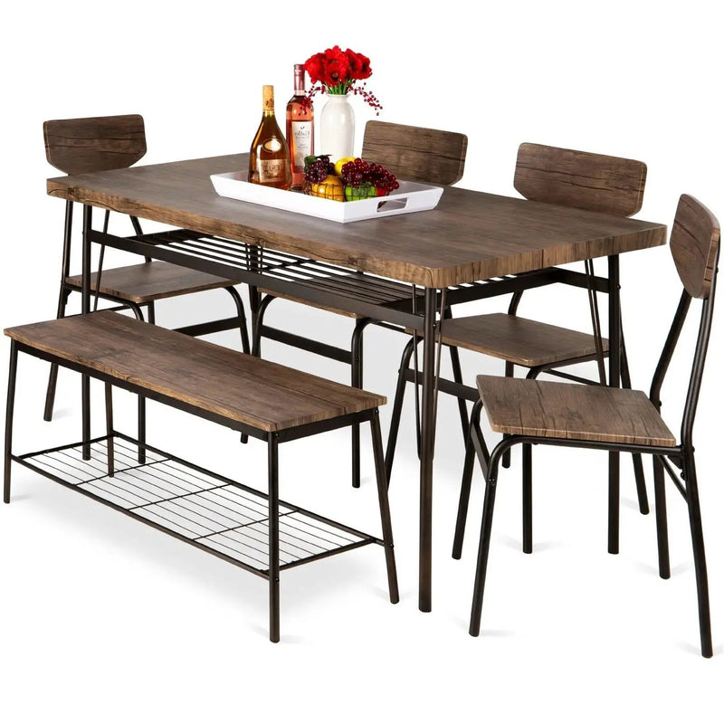 Modern 6-Piece Dining Set with Brown Wood Top Table 4 Chairs and Storage Bench by HomePacific