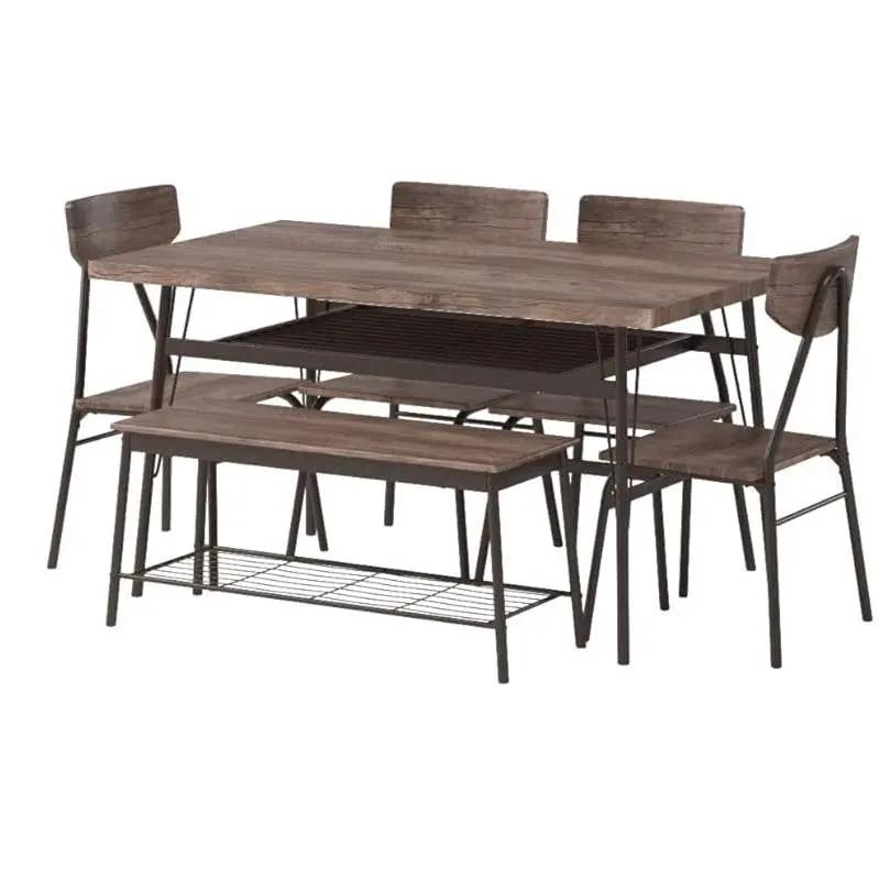Modern 6-Piece Dining Set with Brown Wood Top Table 4 Chairs and Storage Bench by HomePacific