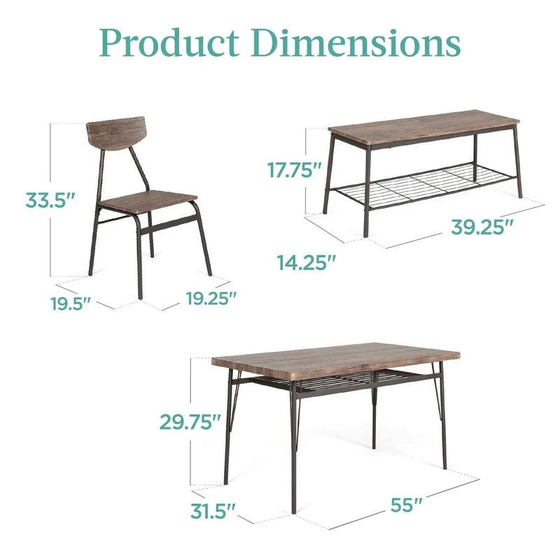 Modern 6-Piece Dining Set with Brown Wood Top Table 4 Chairs and Storage Bench by HomePacific