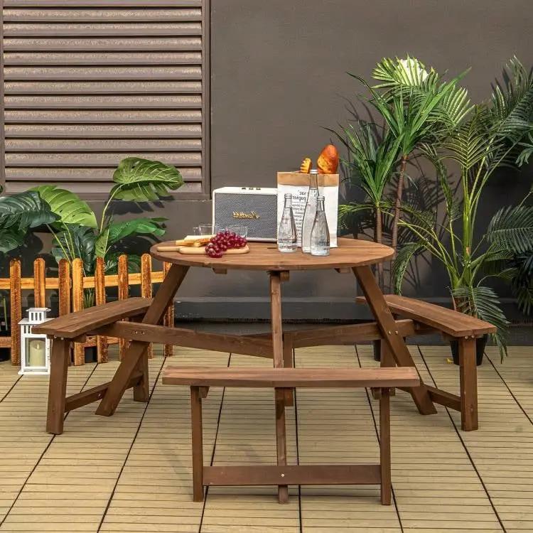 Outdoor Solid Wood Round Picnic Table Set with Umbrella Hole and 3 Benches by HomePacific