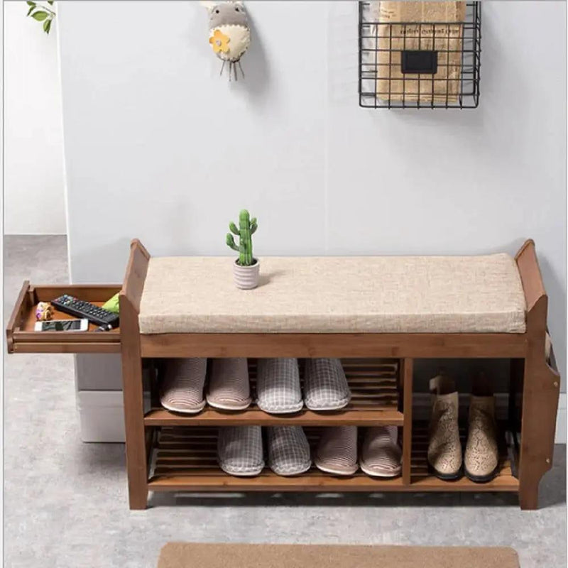 Solid Wood Entryway Shoe Rack Storage Bench with Cushioned Seat 2 Shelves and Drawer by HomePacific