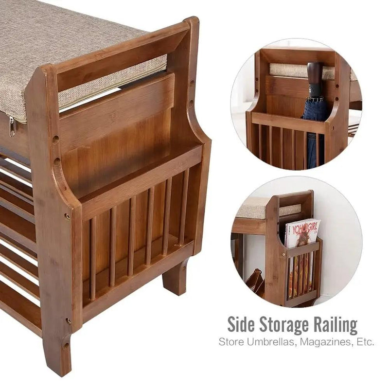 Solid Wood Entryway Shoe Rack Storage Bench with Cushioned Seat 2 Shelves and Drawer by HomePacific