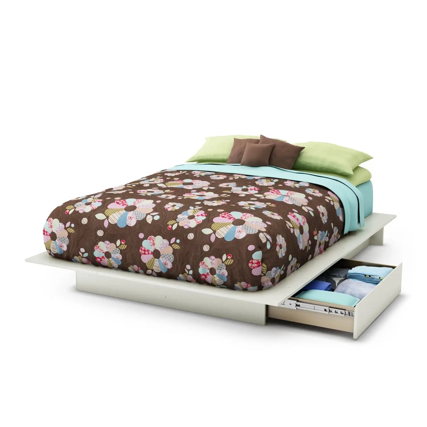 Queen size Modern Platform Bed with 2 Storage Drawers in White Finish by HomePacific