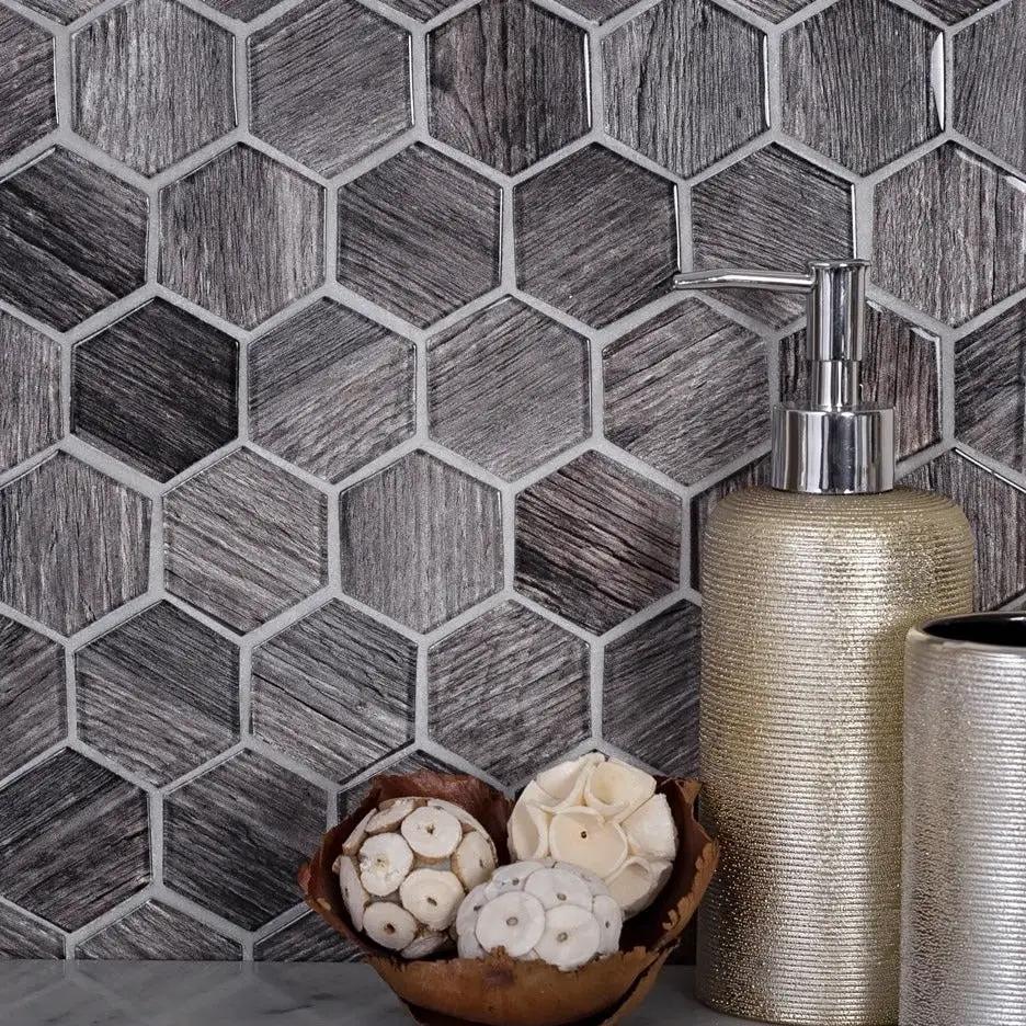 Brown 12x12 Glossy Hexagon Glass Mosaic Tile (5 pack, 4.83 sq ft/case) by Apollo Tile