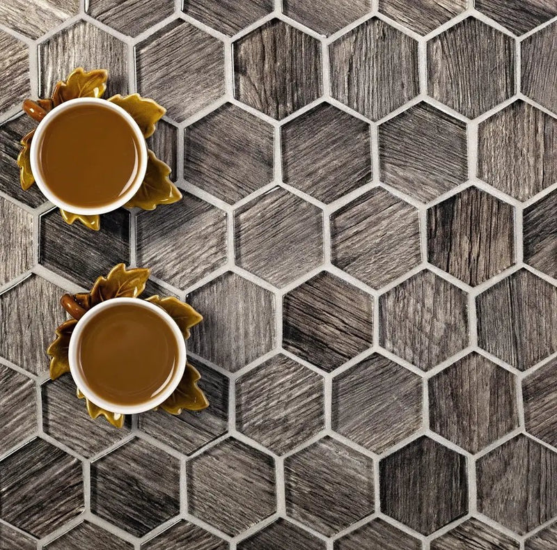 Brown 12x12 Glossy Hexagon Glass Mosaic Tile (5 pack, 4.83 sq ft/case) by Apollo Tile