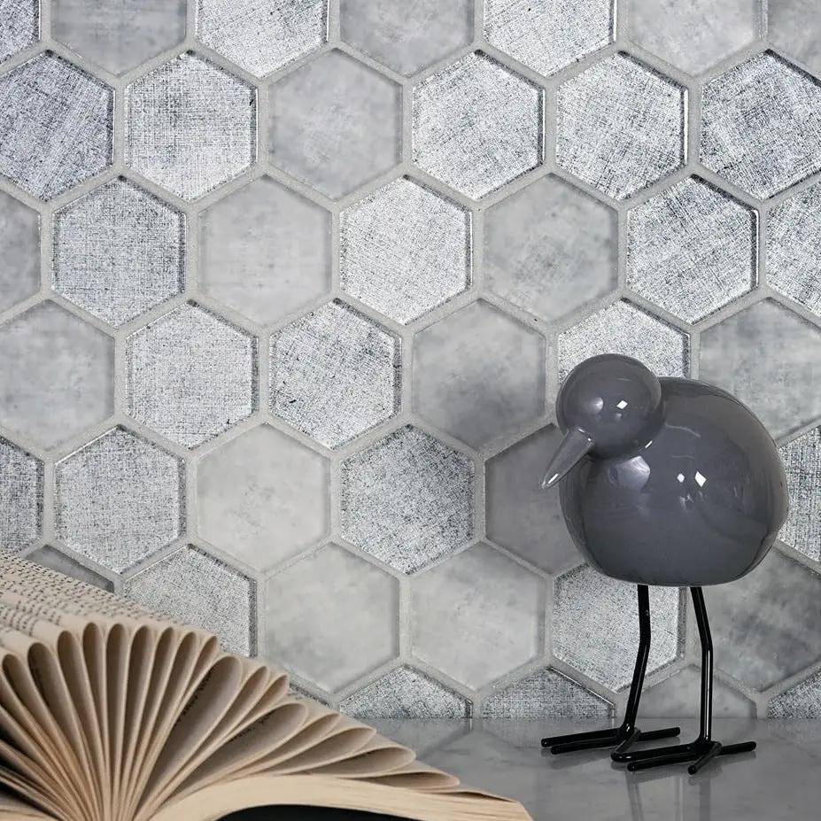 Gray 12x12 Glossy Hexagon Glass Mosaic Tile (5 pack, 4.83 sq ft/case) by Apollo Tile