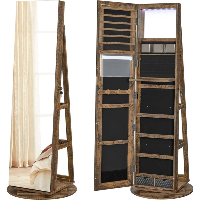 Rustic Brown Wood Jewelry Cabinet Armoire Organizer Freestanding Rotating Mirror by HomePacific