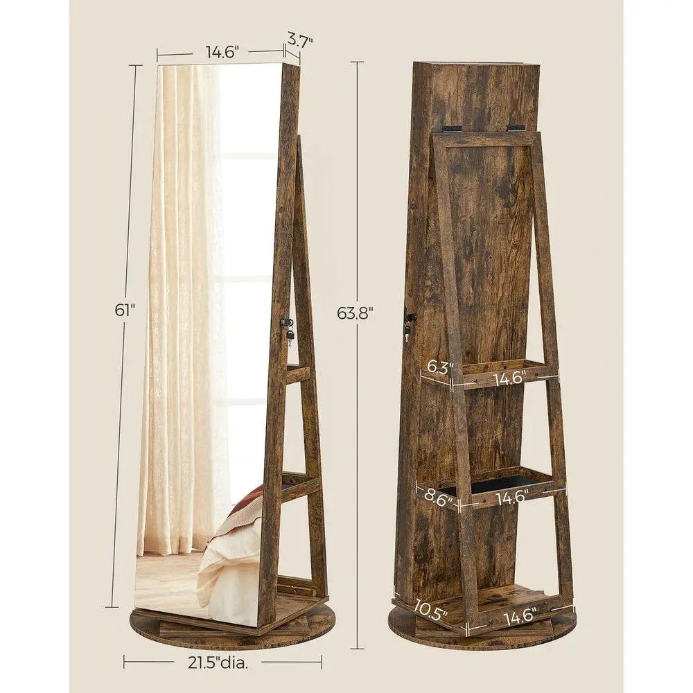 Rustic Brown Wood Jewelry Cabinet Armoire Organizer Freestanding Rotating Mirror by HomePacific