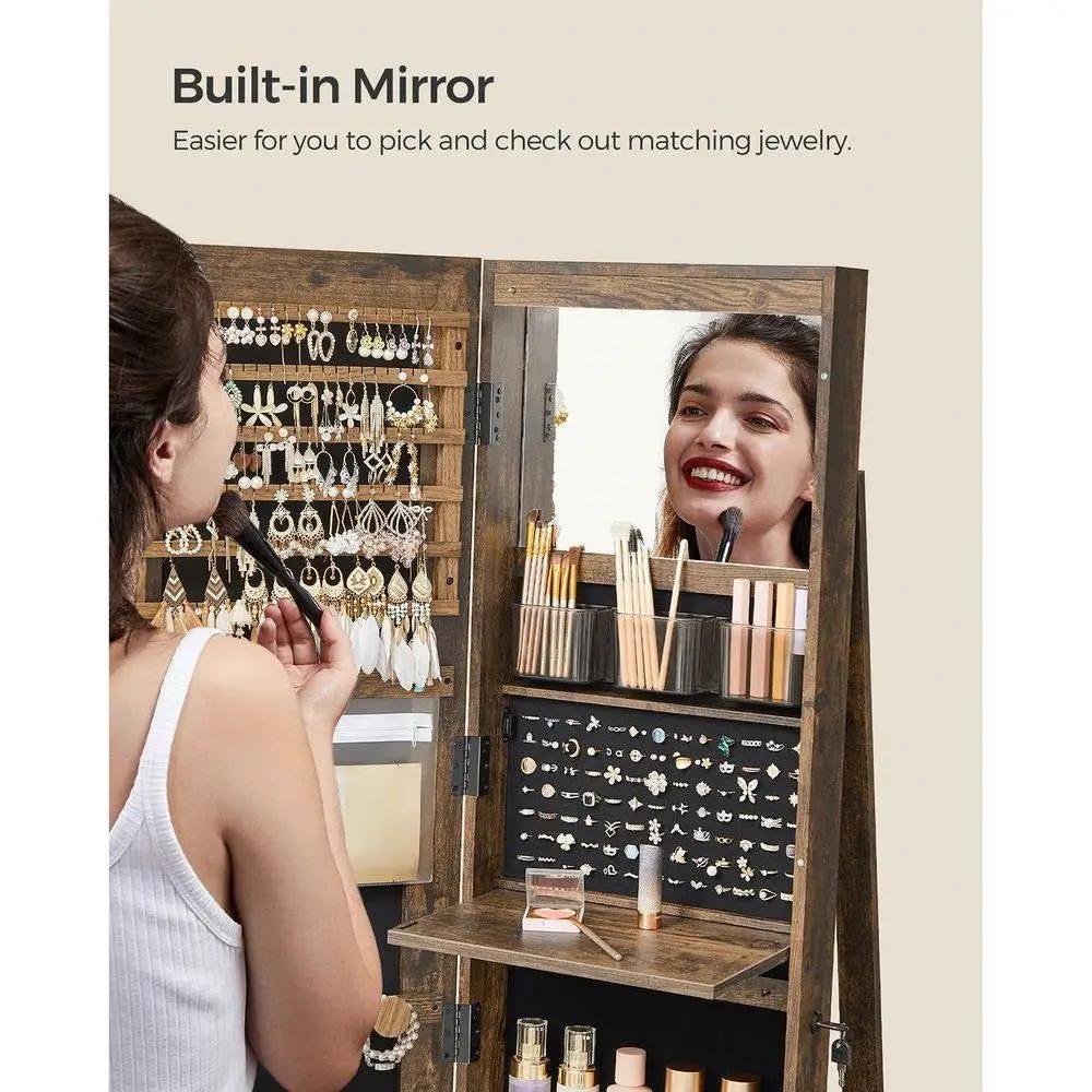 Rustic Brown Wood Jewelry Cabinet Armoire Organizer Freestanding Rotating Mirror by HomePacific