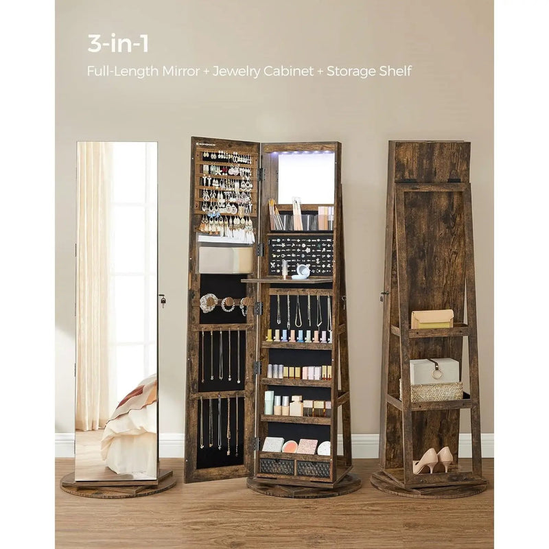 Rustic Brown Wood Jewelry Cabinet Armoire Organizer Freestanding Rotating Mirror by HomePacific