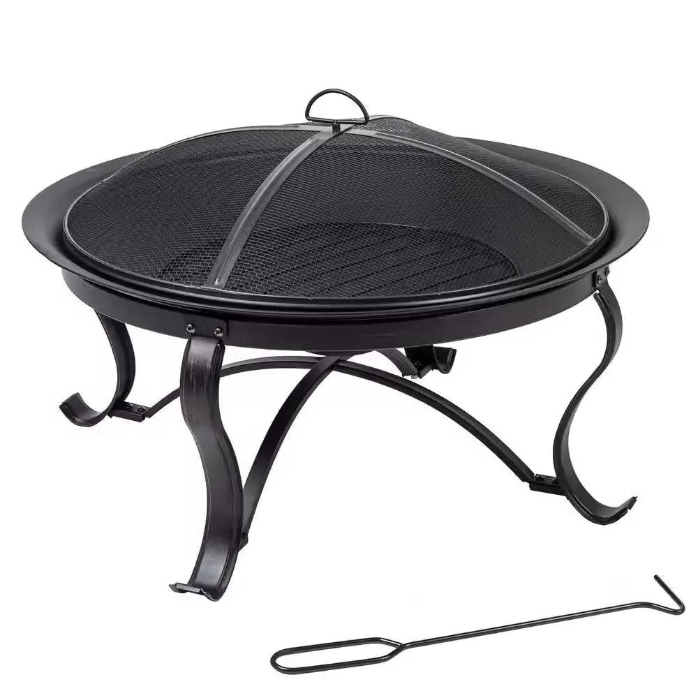 30-inch Round Steel Outdoor Fire Pit with Mesh Cover and Poker in Bronze by HomePacific