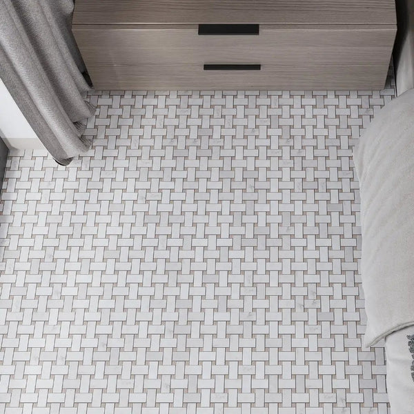 Bianco Carrara, Eastern Beige 12x12 Polished Basketweave Marble Mosaic Tile (5 pack, 5 sq ft/case)