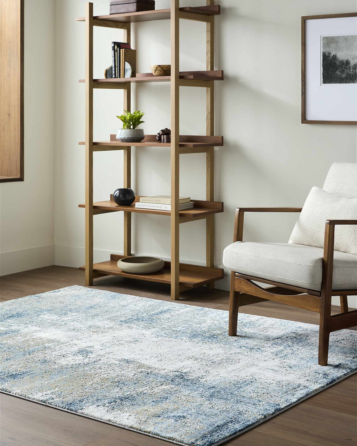 Duval Blue Abstract Area Rug, installed in a room