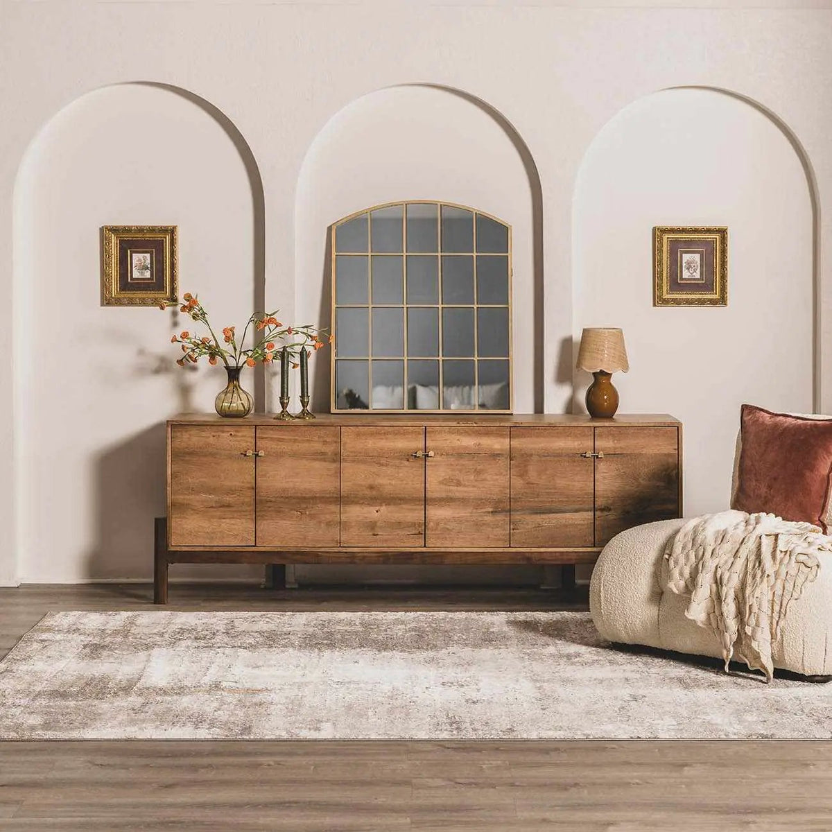Duval Taupe Abstract Area Rug, installed in a room