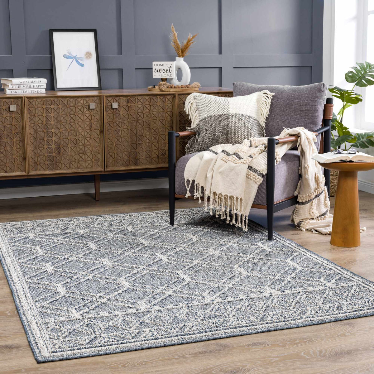 Diah Gray Blue & Bone Outdoor Area Rug - Clearance, installed in a room 2