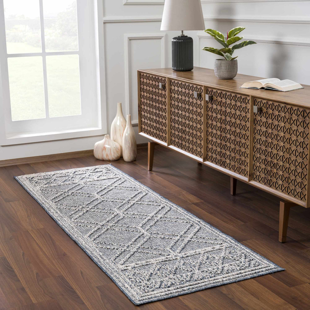 Diah Gray Blue & Bone Outdoor Area Rug - Clearance, installed in a room 4