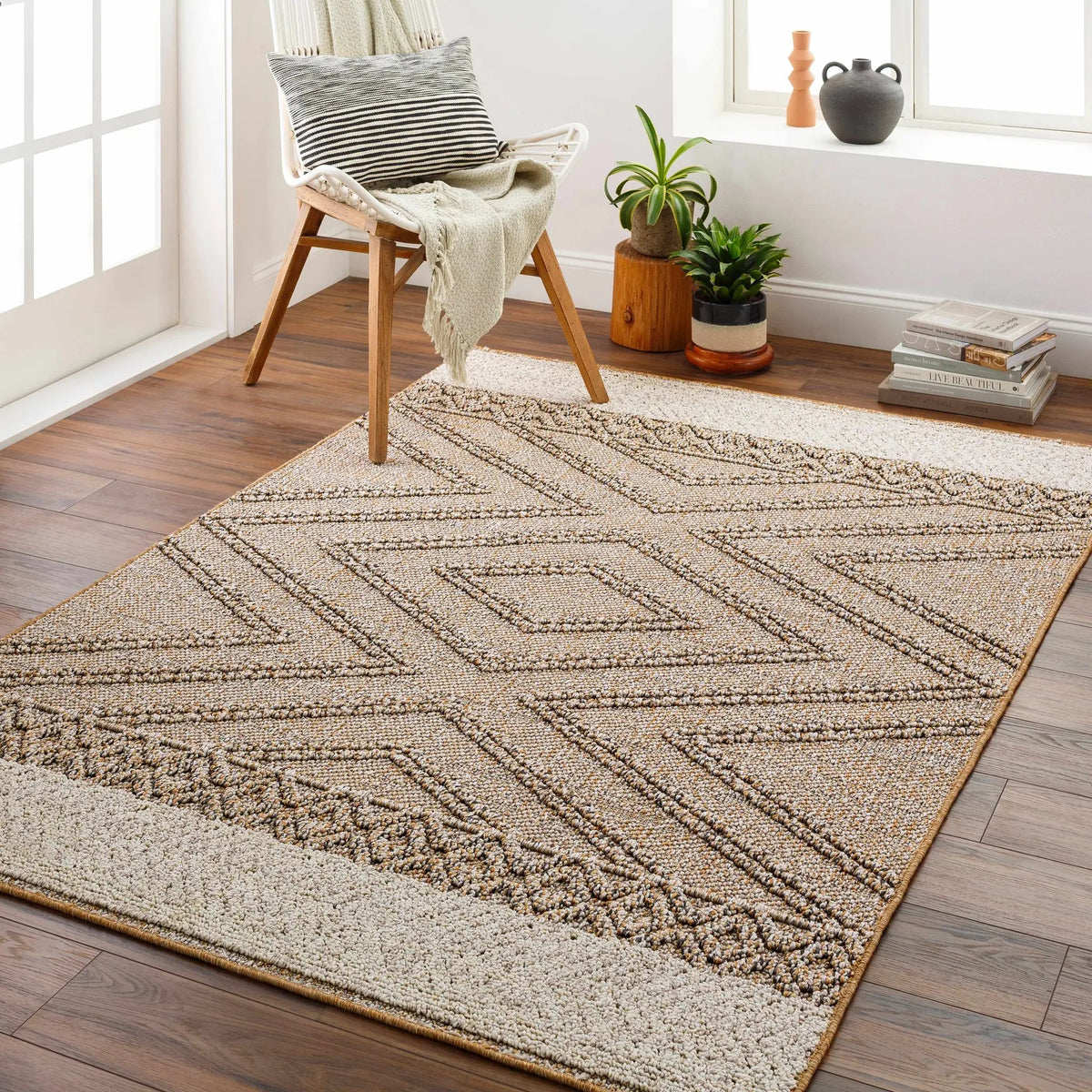 Beige Areli Outdoor Area Rug, installed in a room