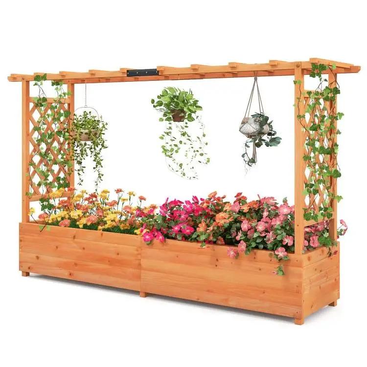 Solid Fir Wood Rectangle Raised Garden Bed with Side Trellis by HomePacific