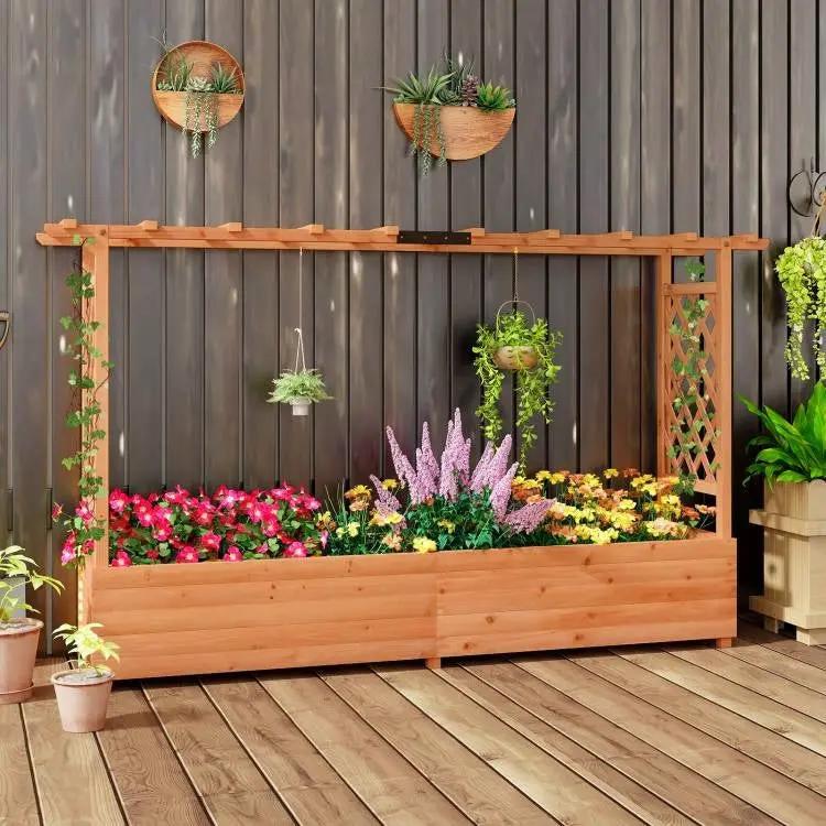 Solid Fir Wood Rectangle Raised Garden Bed with Side Trellis by HomePacific