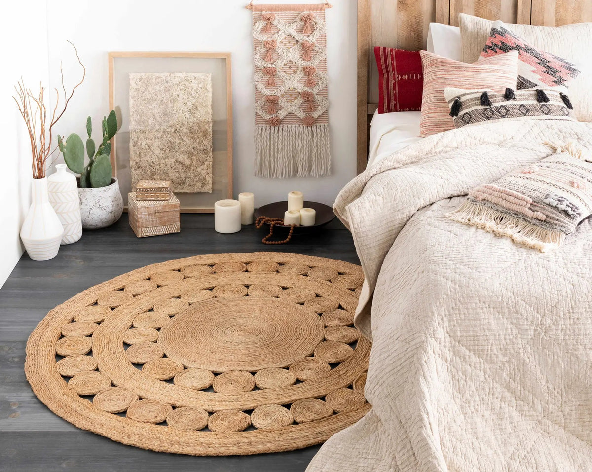 Stafford Round Jute Rug - Clearance, installed in a room