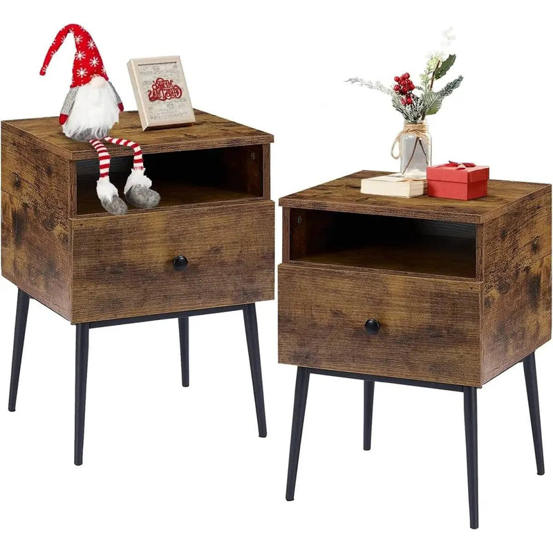 Set of 2 - Mid Century Modern Side Table Nightstand in Brown Black Wood Finish by HomePacific