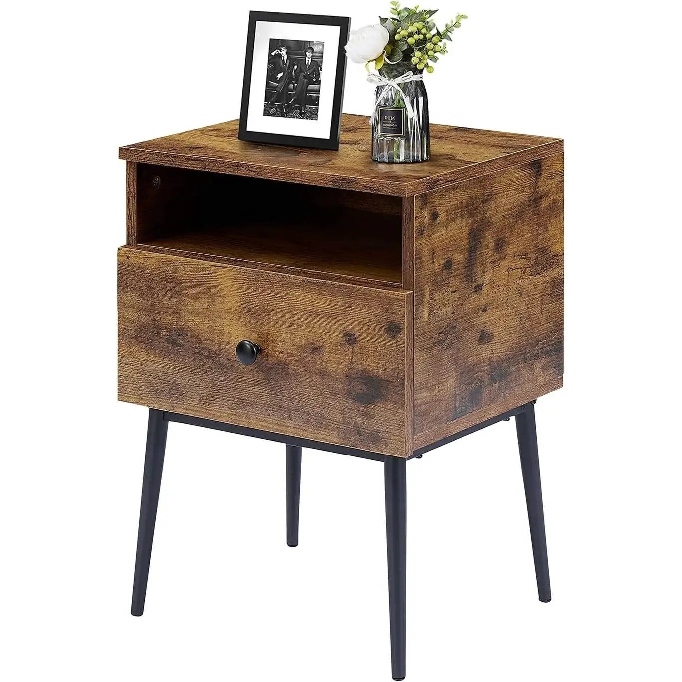 Set of 2 - Mid Century Modern Side Table Nightstand in Brown Black Wood Finish by HomePacific