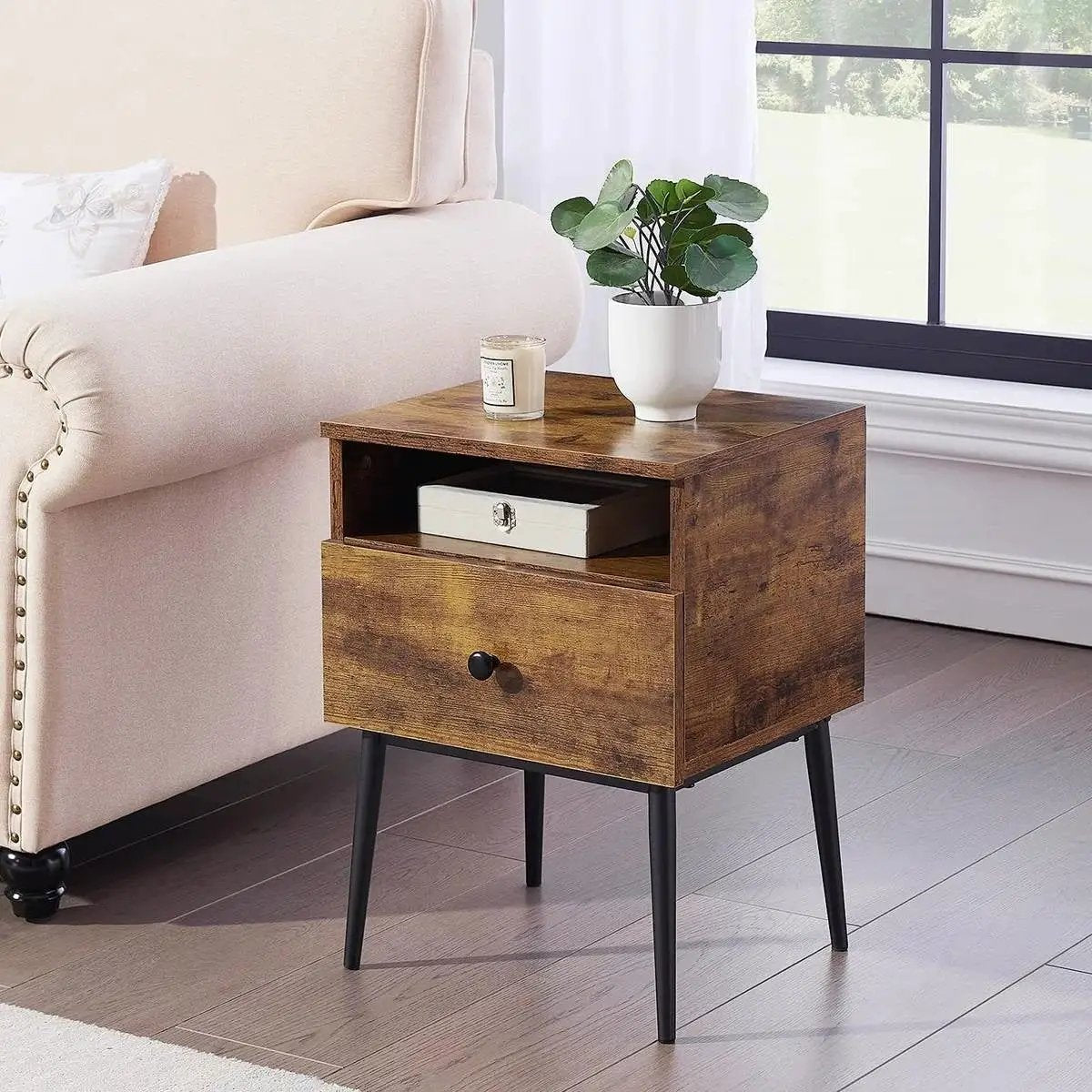 Set of 2 - Mid Century Modern Side Table Nightstand in Brown Black Wood Finish by HomePacific