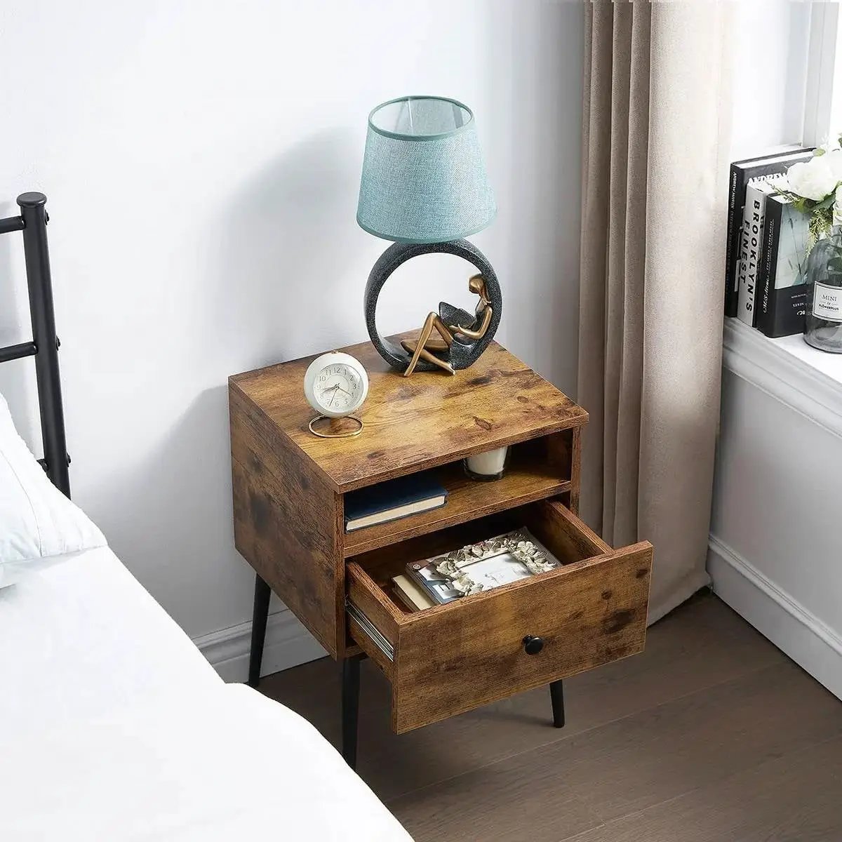 Set of 2 - Mid Century Modern Side Table Nightstand in Brown Black Wood Finish by HomePacific