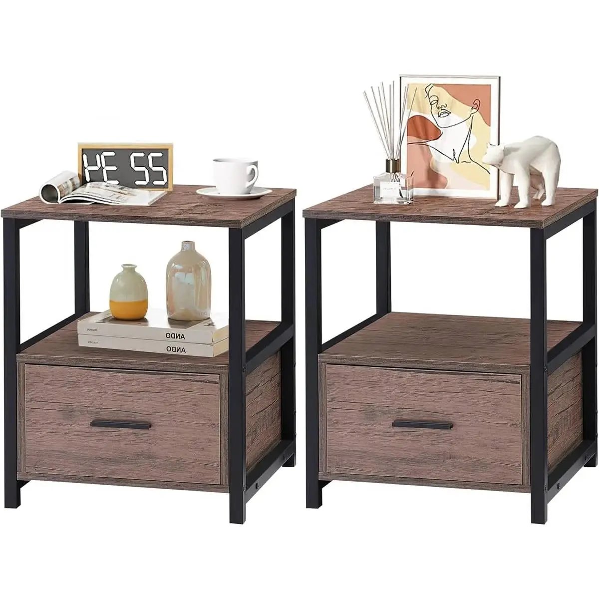 Set of 2 - Modern Metal Wood Side End Table Nightstand with Storage Drawer by HomePacific