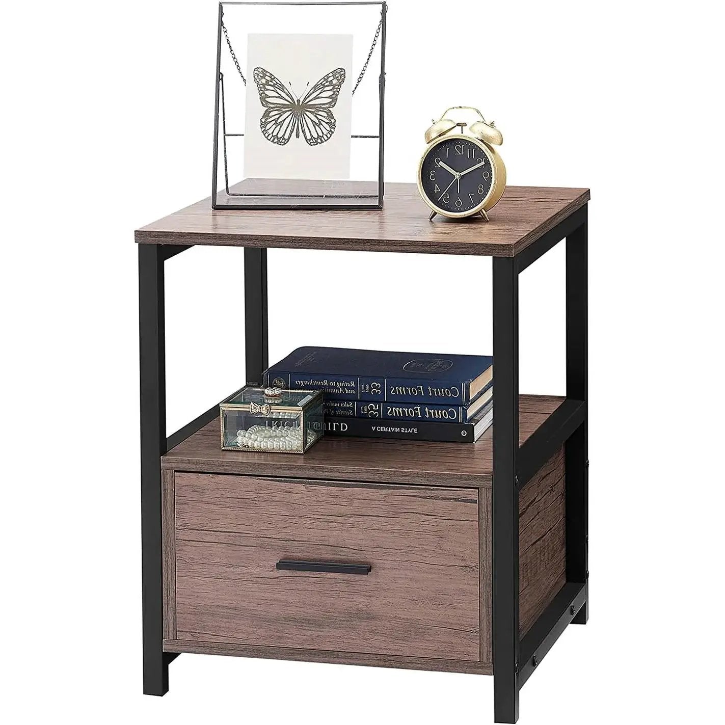 Set of 2 - Modern Metal Wood Side End Table Nightstand with Storage Drawer by HomePacific