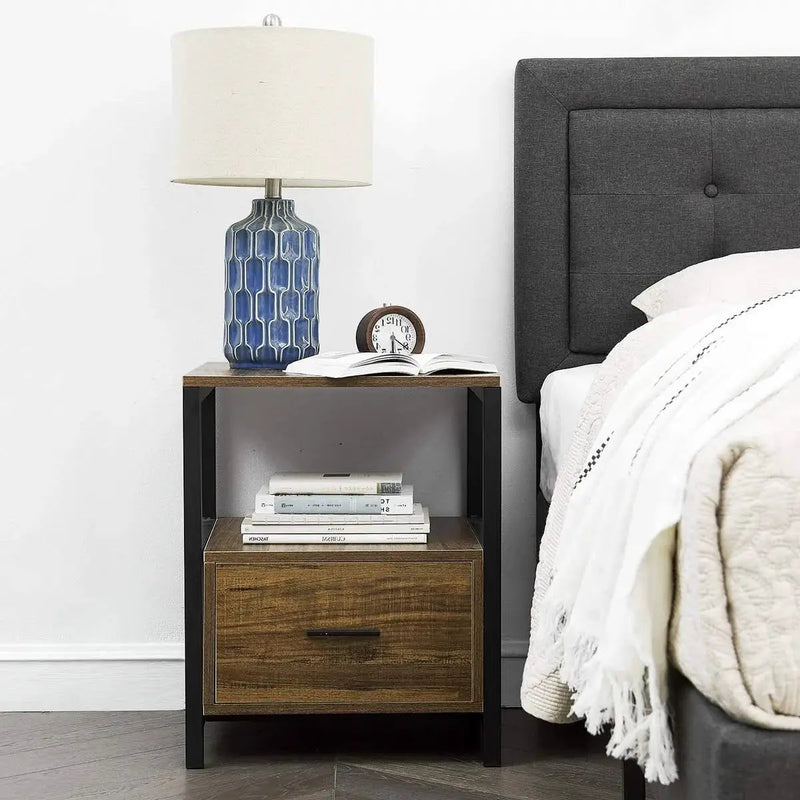 Set of 2 - Modern Metal Wood Side End Table Nightstand with Storage Drawer by HomePacific