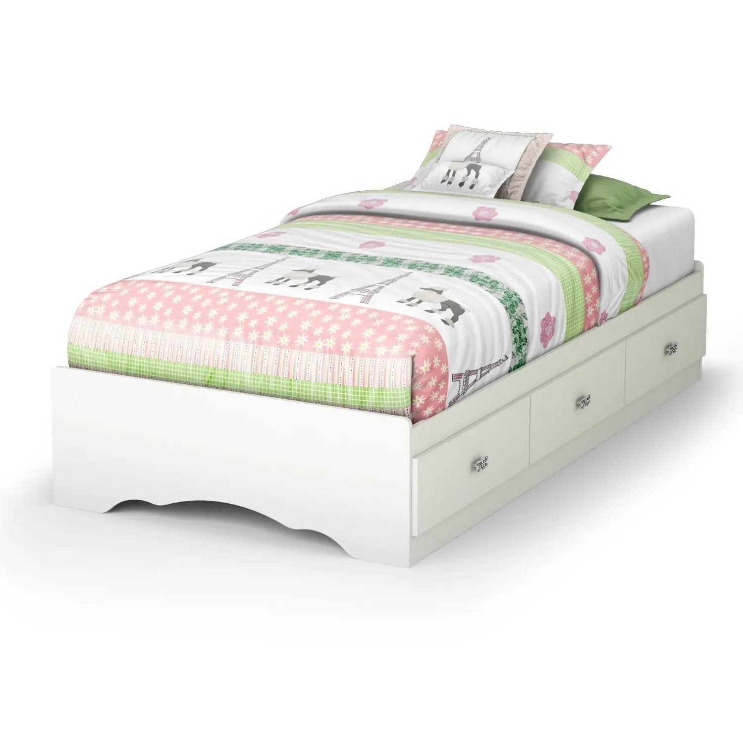 Twin size White Platform Bed Frame with 3 Storage Drawers by HomePacific