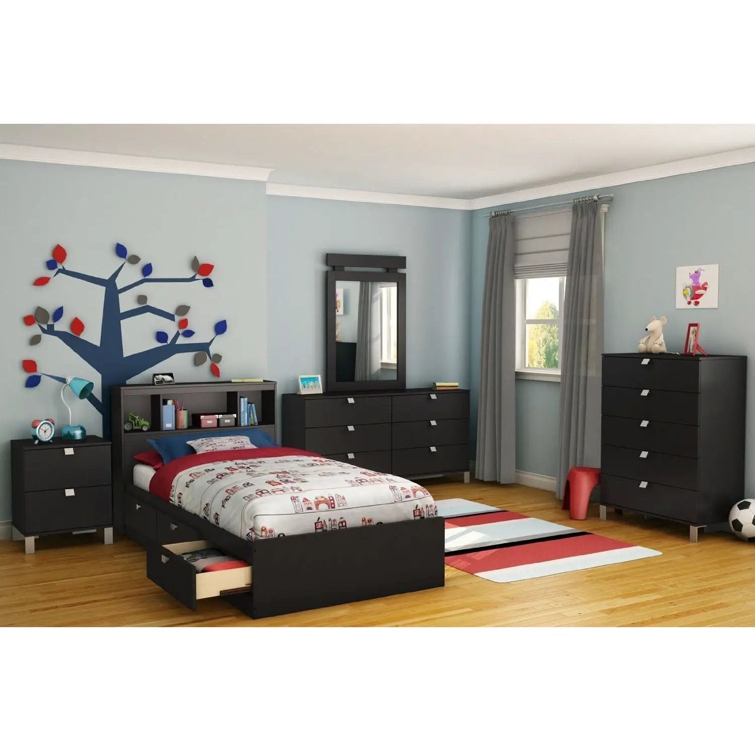 Twin size Platform Bed with 3 Storage Drawers in Black Finish by HomePacific