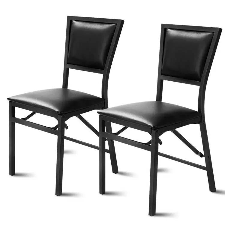 Set of 2 - Modern Black Metal Folding Dining Chairs with PU Leather Seat Cushion by HomePacific
