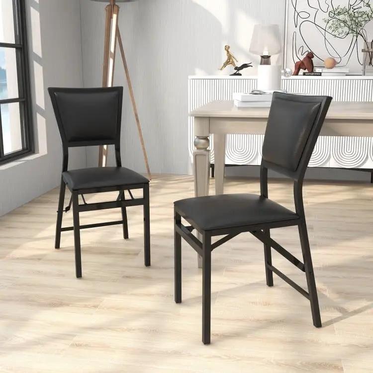 Set of 2 - Modern Black Metal Folding Dining Chairs with PU Leather Seat Cushion by HomePacific