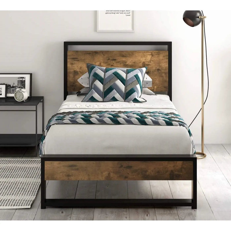 Twin size Metal Wood Platform Bed Frame with Industrial Headboard by HomePacific