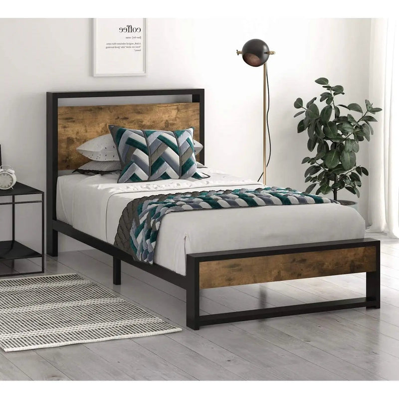Twin size Metal Wood Platform Bed Frame with Industrial Headboard by HomePacific