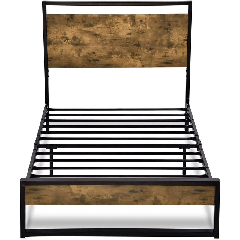 Twin size Metal Wood Platform Bed Frame with Industrial Headboard by HomePacific