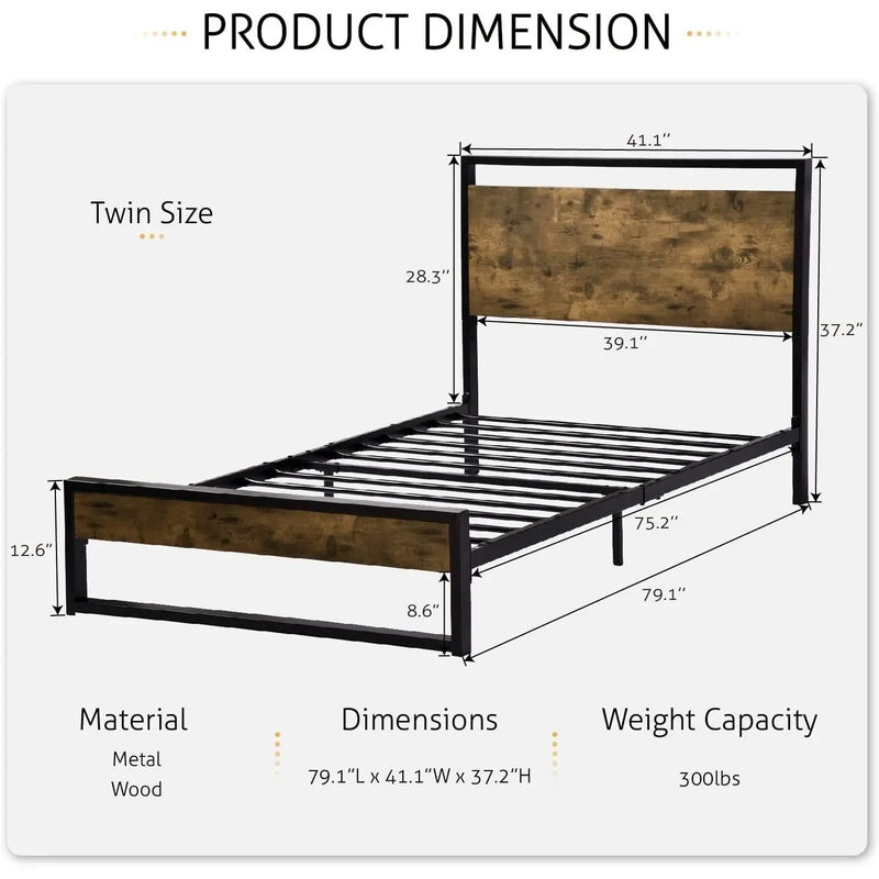 Twin size Metal Wood Platform Bed Frame with Industrial Headboard by HomePacific