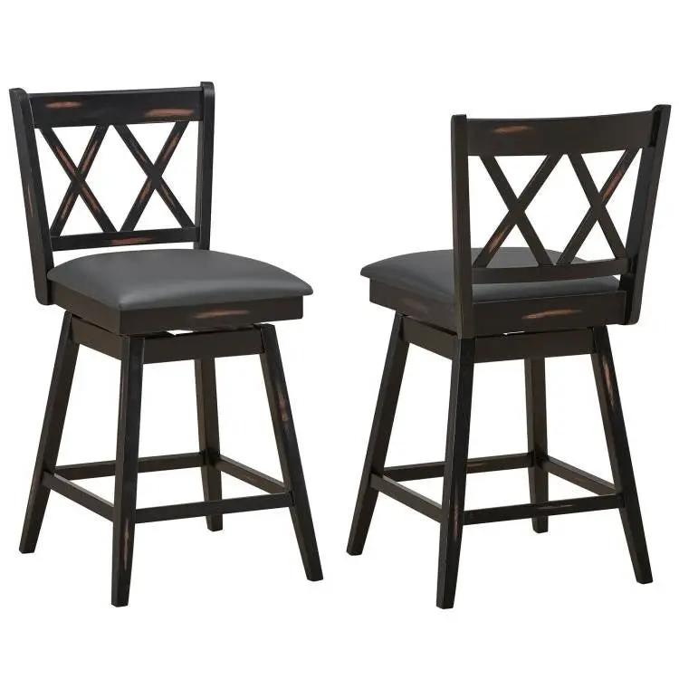 Set of 2 Black Wood 24-in Counter Height Farmhouse Swivel Cushion Seat Barstools by HomePacific