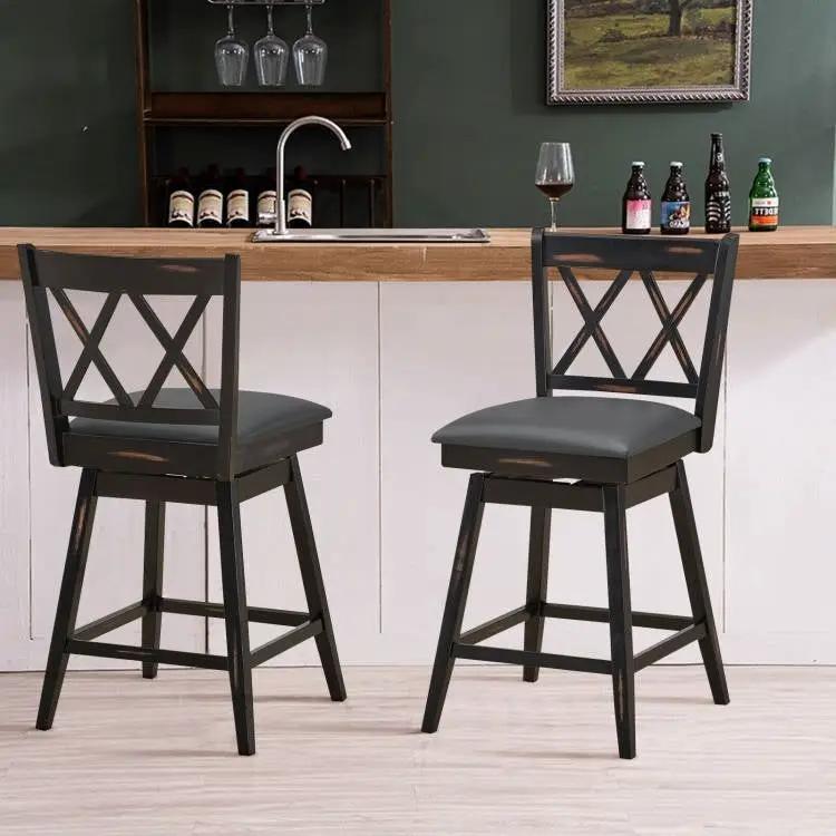 Set of 2 Black Wood 24-in Counter Height Farmhouse Swivel Cushion Seat Barstools by HomePacific