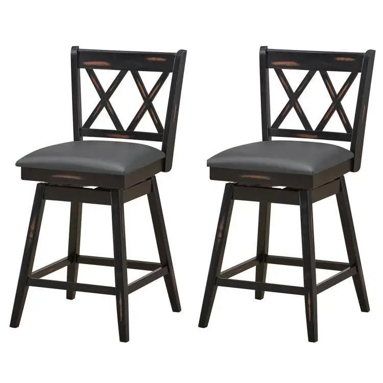 Set of 2 Black Wood 24-in Counter Height Farmhouse Swivel Cushion Seat Barstools by HomePacific