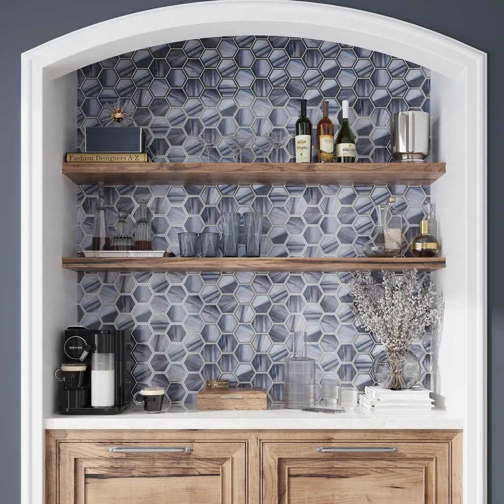 Silver Midnight Blue 9x10 Matte Hexagon Glass Mosaic Tile (5 pack, 3.28 sq ft/case) by Apollo Tile