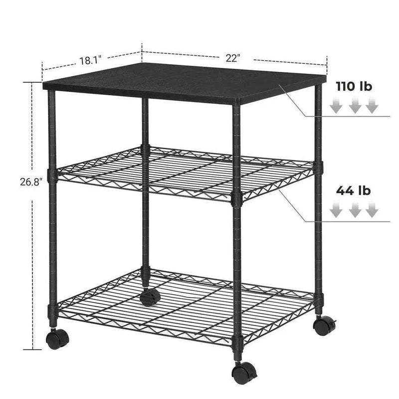 Sturdy Black Metal Wood Printer Stand Cart with 2-Shelves and Locking Casters by HomePacific