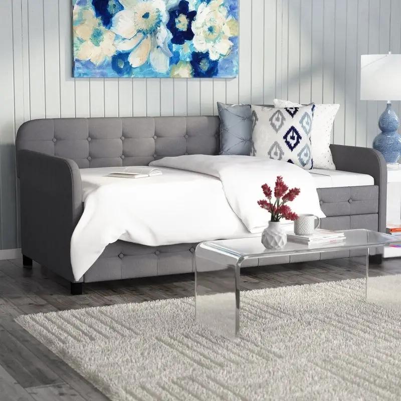 Gray Tufted Polyester Linen Twin Daybed with Trundle by HomePacific