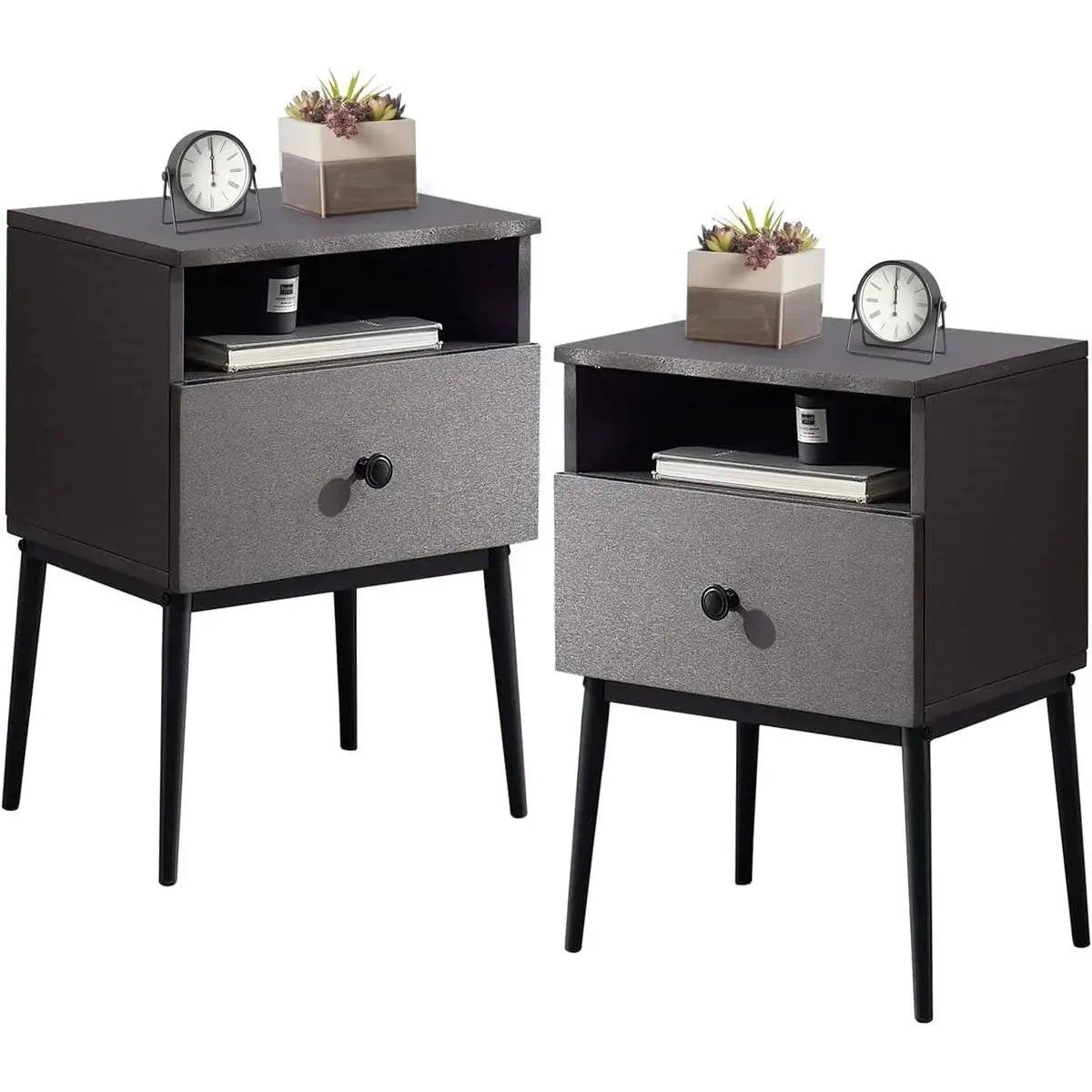 Set of 2 - Mid Century Modern Side Table Nightstand in Grey Black Wood Finish by HomePacific