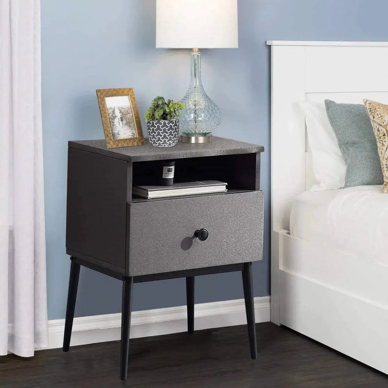 Set of 2 - Mid Century Modern Side Table Nightstand in Grey Black Wood Finish by HomePacific