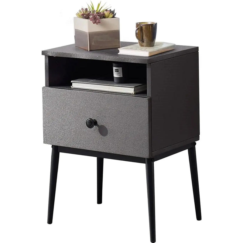 Set of 2 - Mid Century Modern Side Table Nightstand in Grey Black Wood Finish by HomePacific