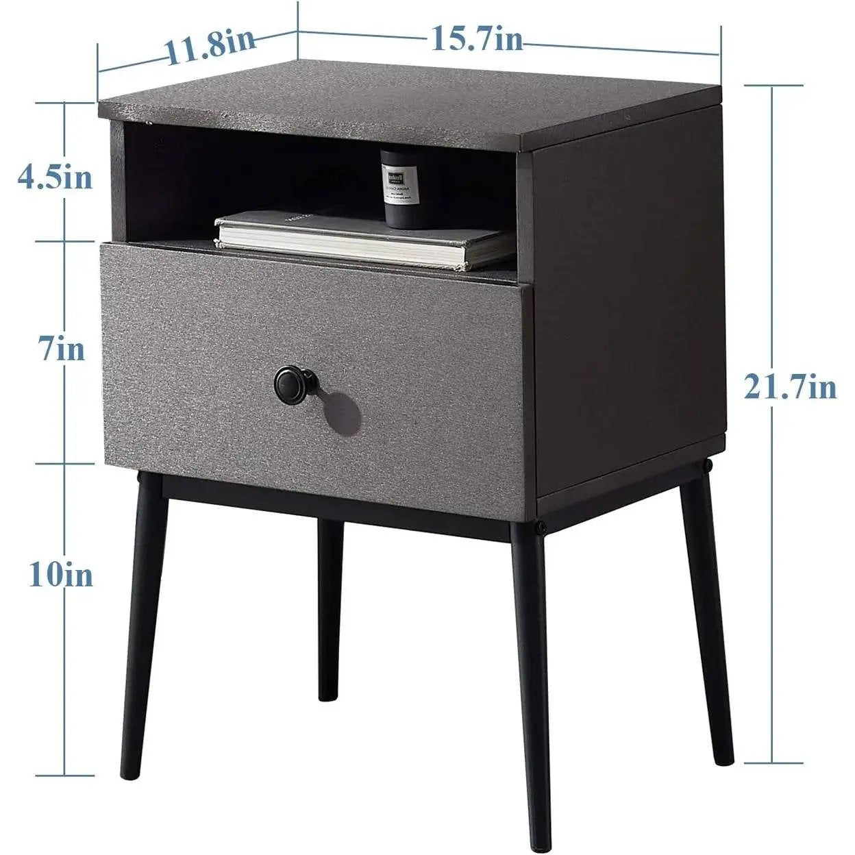Set of 2 - Mid Century Modern Side Table Nightstand in Grey Black Wood Finish by HomePacific