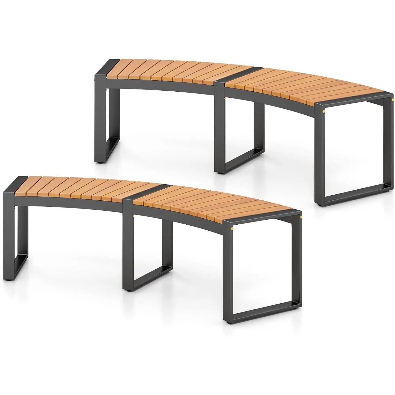 Set of 2 - Outdoor Metal Wood Backless Garden Bench with Modern Curved Design by HomePacific